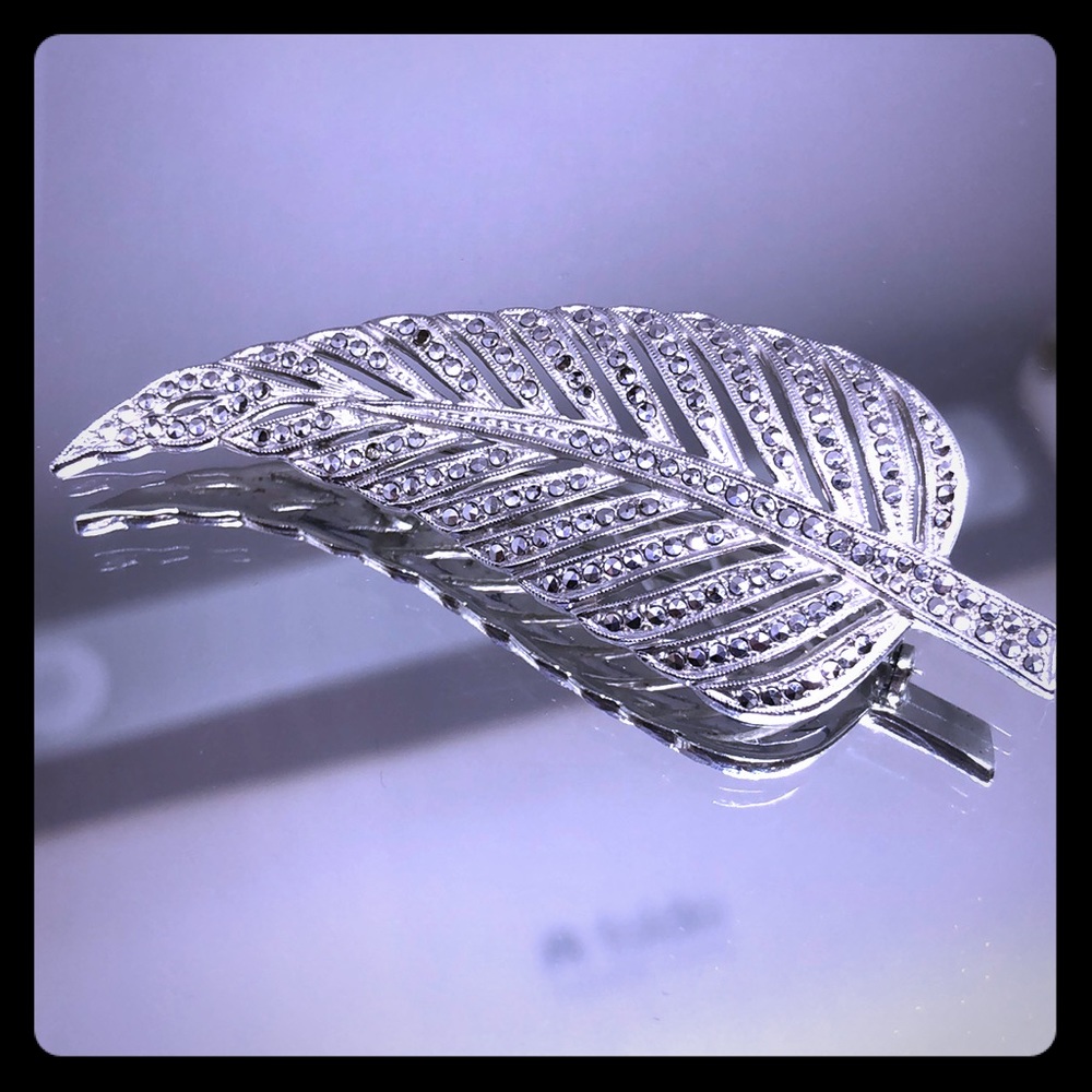 Vintage Sterling Silver Marcasite Leaf Brooch Pin